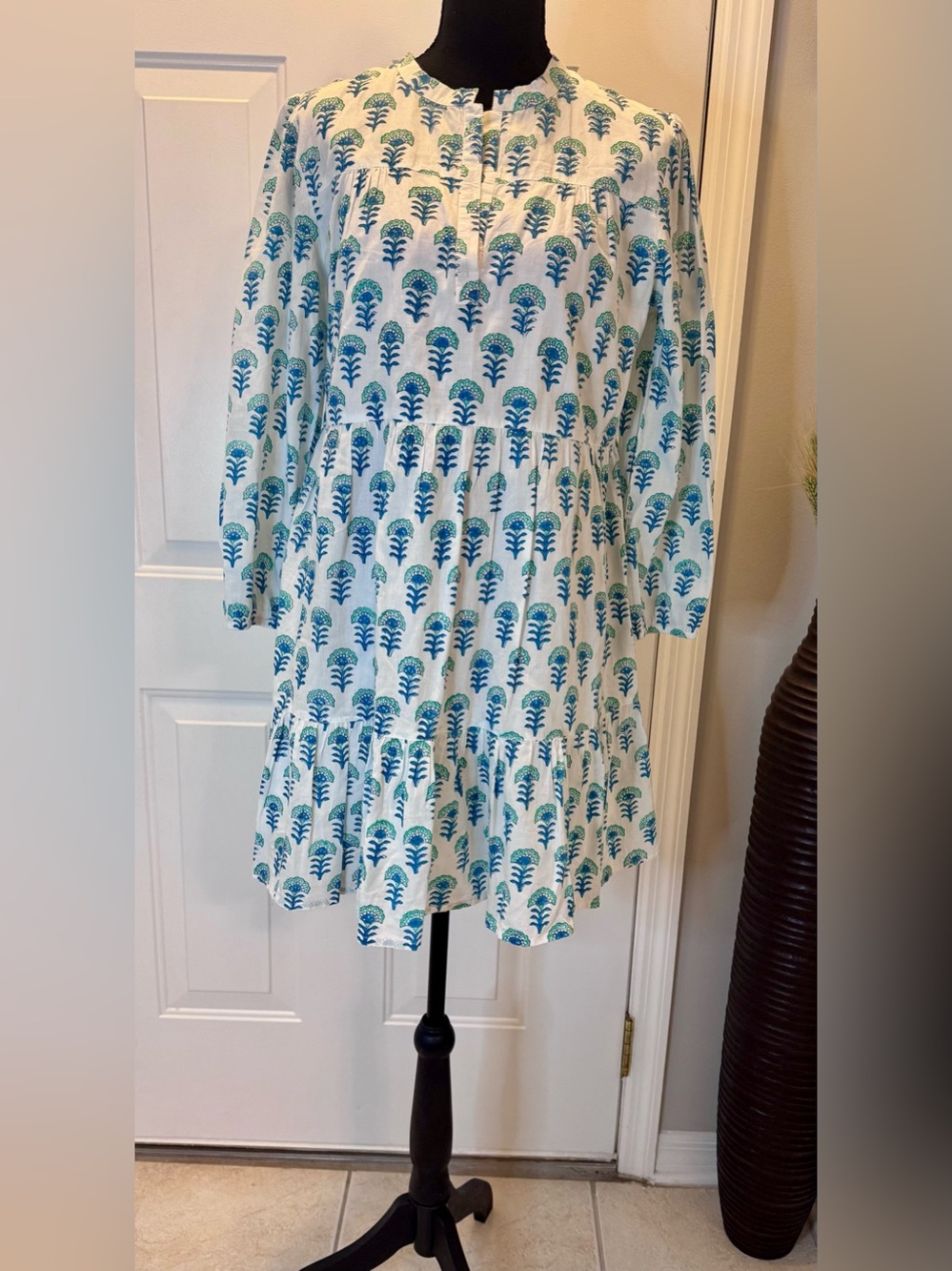 White Midi Dress with Blue Floral Block Print